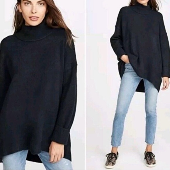 Free People NWT Black Cozy Time Funnel Pullover Top Sz.Sm Minimalist Oversized - Picture 1 of 10